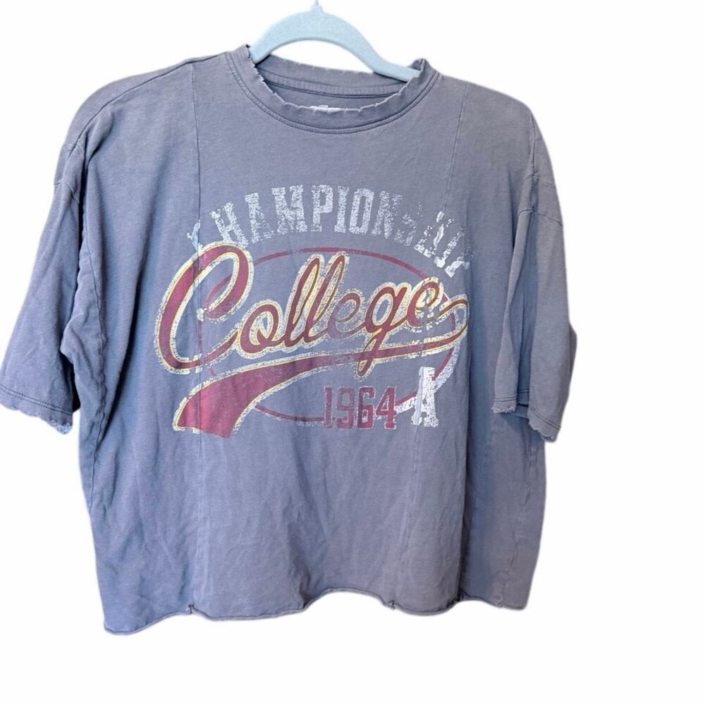 Modish Rebel gray distressed cropped Tshirt tee medium 100% cotton college champ